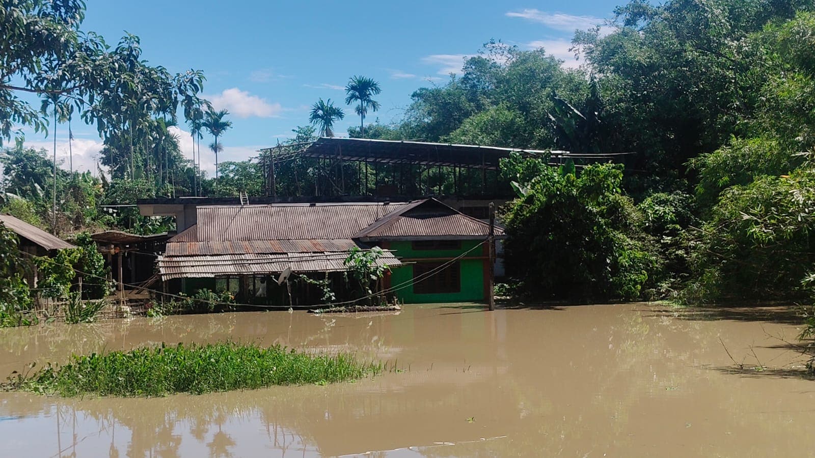 A cluster of tin-roofed village houses cut off by floodwater that has risen to their windows